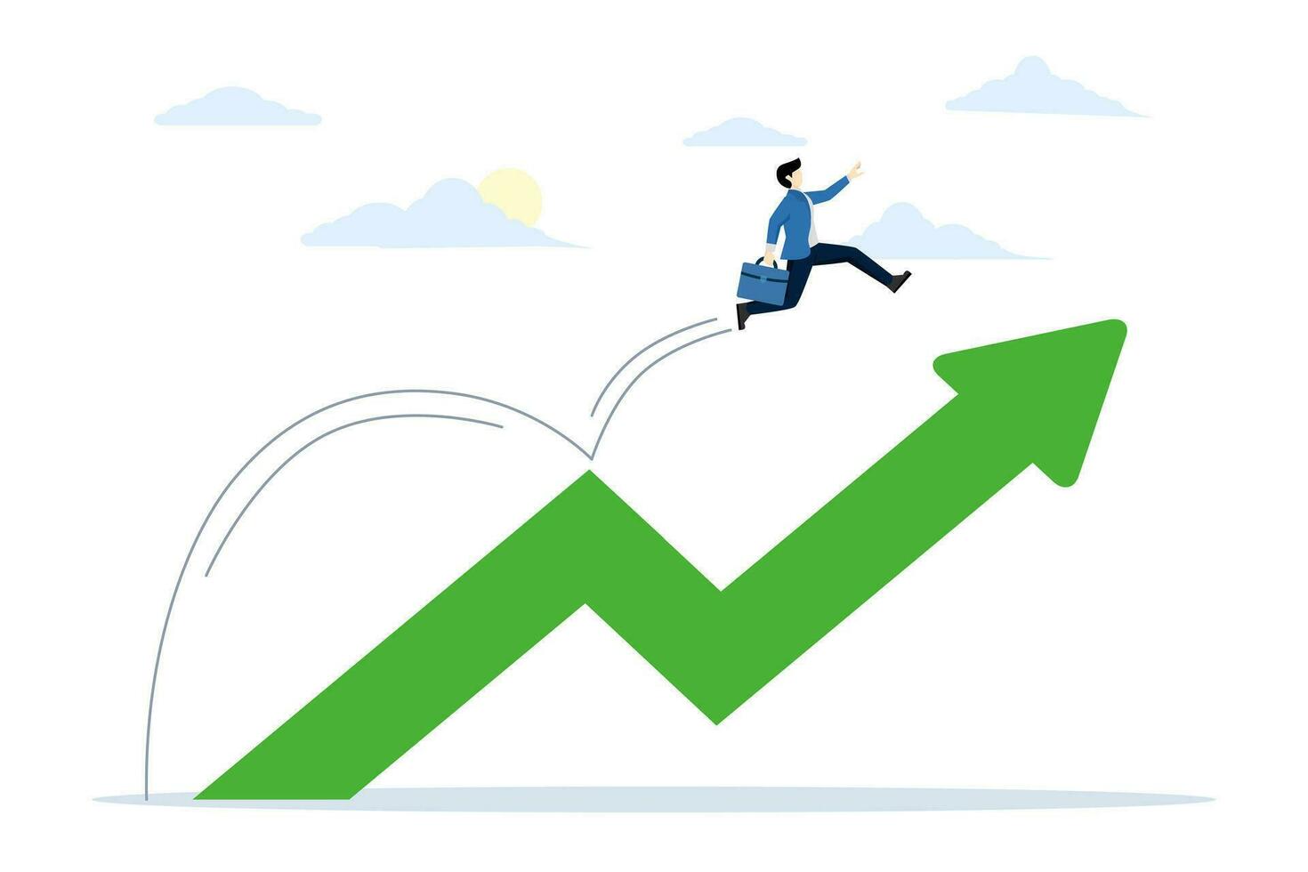 Career challenges. wealth grows or accumulates, asset prices rise. Growth leap, Growth strategy. Increased profit growth. Businessman jump arrow chart. flat vector illustration on a white background.