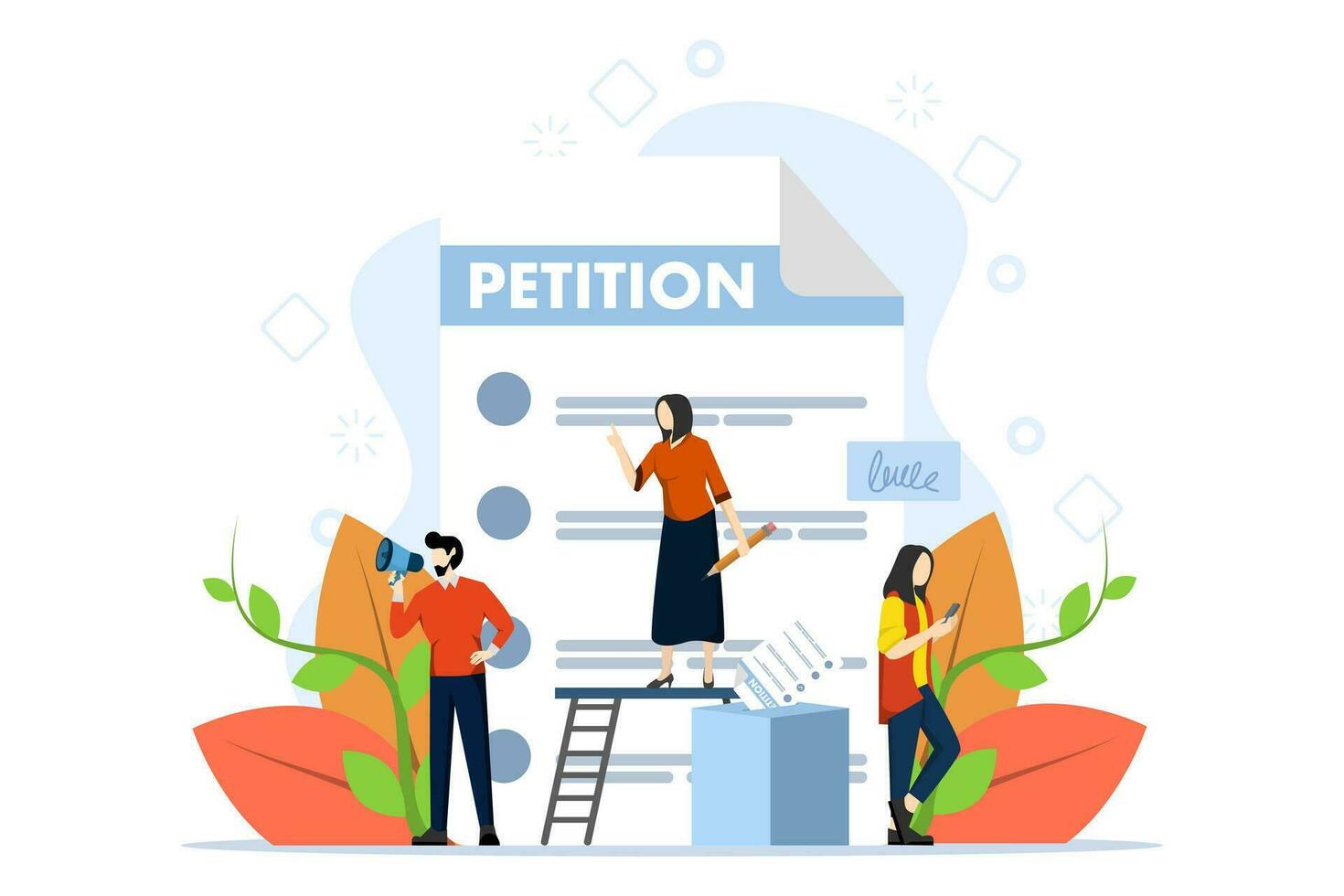 Petition form. Online petition concept, make a choice, ballot, democracy. People sign or fill out and distribute petitions or complaints. Vector illustration for Web Design and white Background.