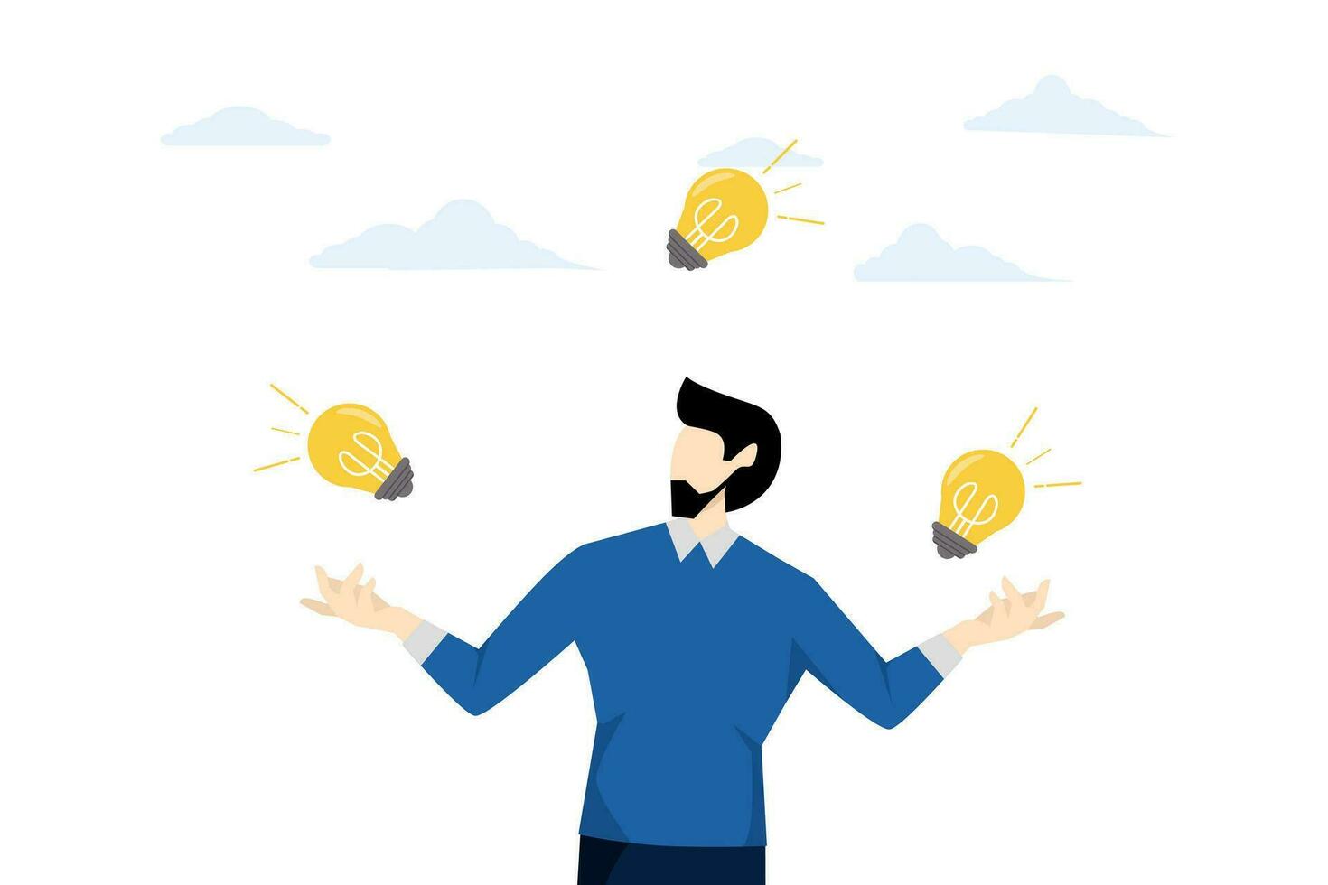 Positive thinking, optimistic mindset or good attitude to succeed in work, always get ideas to solve any problem concept, businessman holding idea light bulb. flat vector illustration.