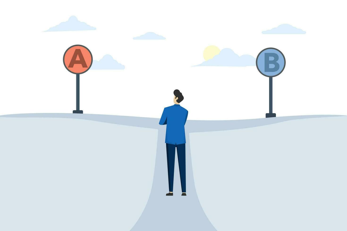 difficult choice, choosing between two options, considering alternatives, career strategy, questionnaire or survey. Businessman thinking, decision making, crossroads with plan A plan B road sign. vector