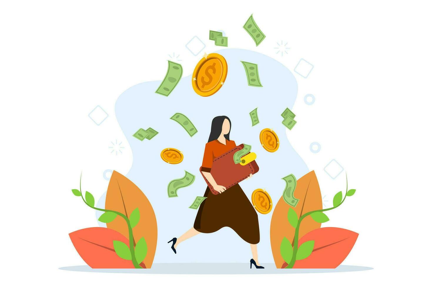 Save money people concept. Woman holding money or wallet. Business Capital Money Investment Character Making Brochure Poster Banner Flyer. cash. flat vector illustration on a white background.