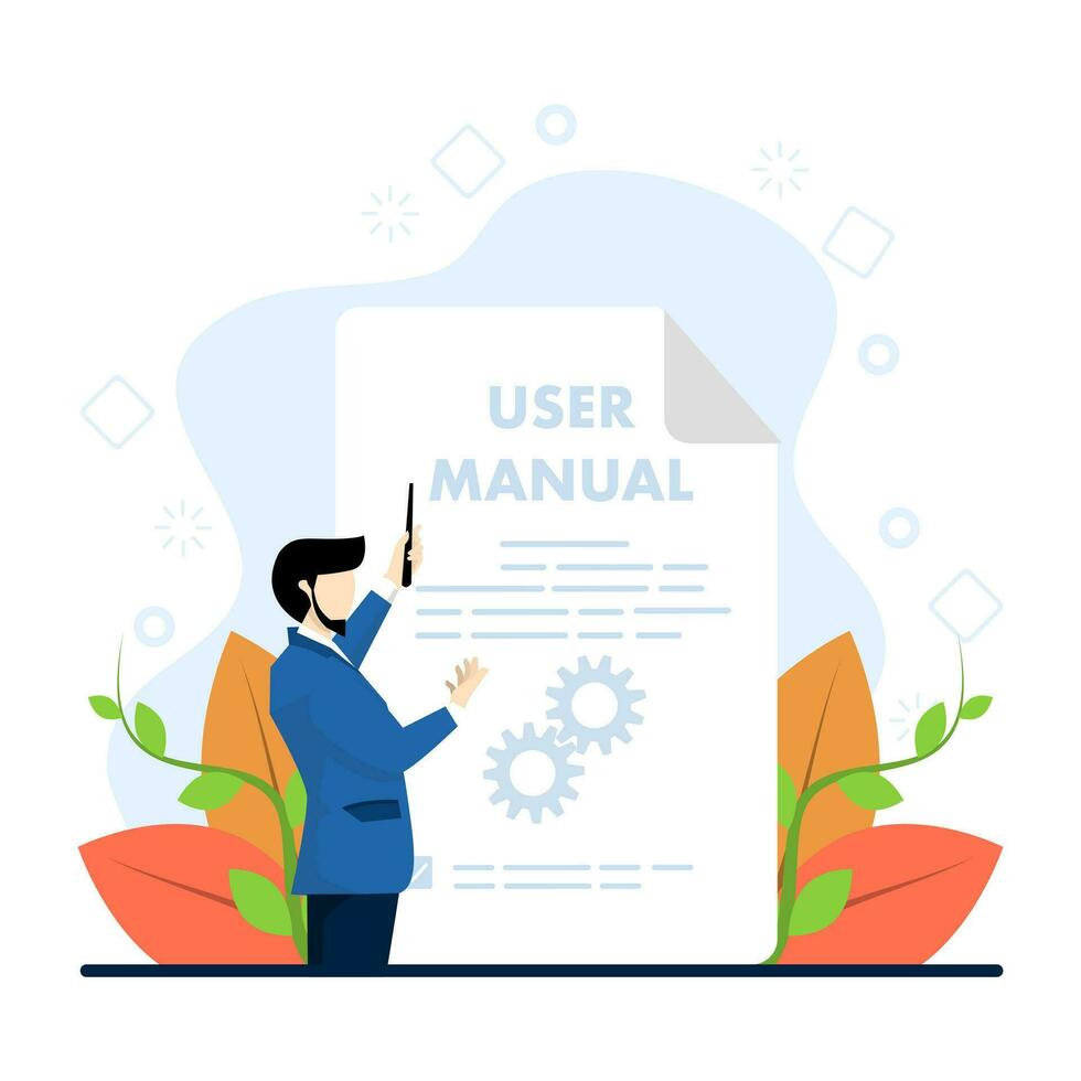 male character and user manual. Instruction guide for reading and writing managers. Customer guide concept, useful information, technical document. Vector illustration in flat design.