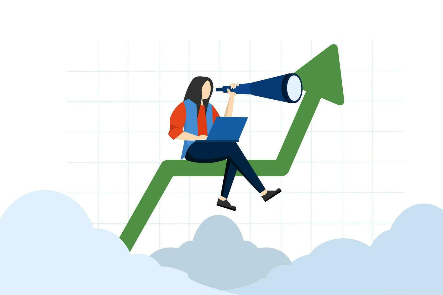Investment Opportunities, Future Goals, Stock Market Predictions. vision opportunity target business. Looking for future company plans. a businesswoman using a telescope on a graph chart. vector