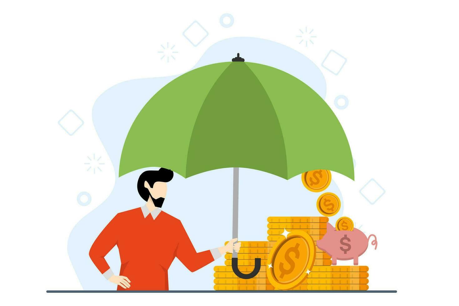 Property and capital insurance. Metaphor for protecting against the risk of losing savings. Man with umbrella standing over piggy bank with coins. Flat vector illustration on a white background.