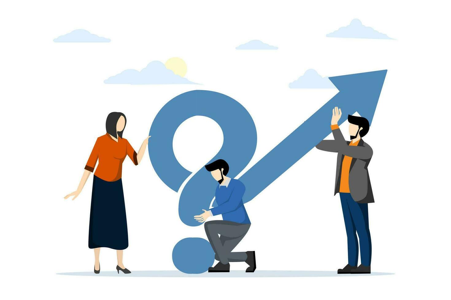 concept of cooperation or collaboration in company to achieve teamwork to solve business problem, success, businessman and woman, coworker help put solution arrow on question mark problem sign vector