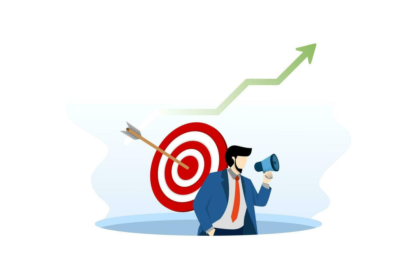 Target marketing concept. PR manager man attracting customers with megaphone. Successful business or consumer targeting. Focus group. Achievement of objectives. Online advertising. Vector illustration