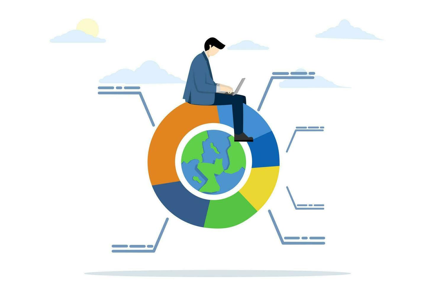 World finance or economy concept, global portfolio asset allocation, world stock market investment, international market share pie chart, businessman working with computer laptop on world pie chart. vector
