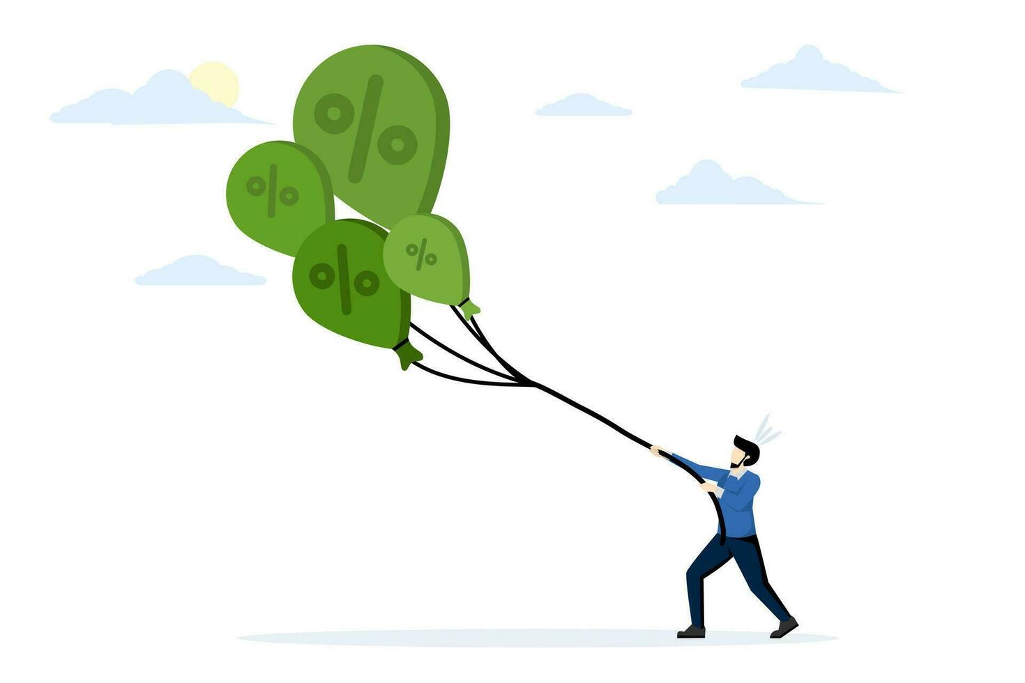 concept Stop inflation, inflation bubble. Reserves try to tame falling inflation by raising interest rates. A businessman trying to attract a lot of inflation balloons. flat vector illustration.