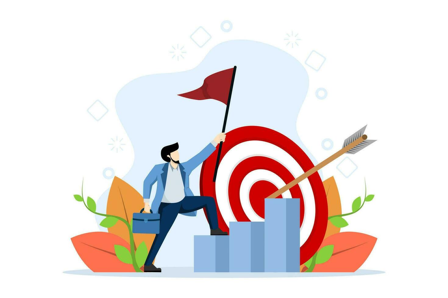 Goal achievement concept. Aim for goals and increase motivation. confident businessman with flag rising to target. Creative success. Flat Vector Illustration on a white background.