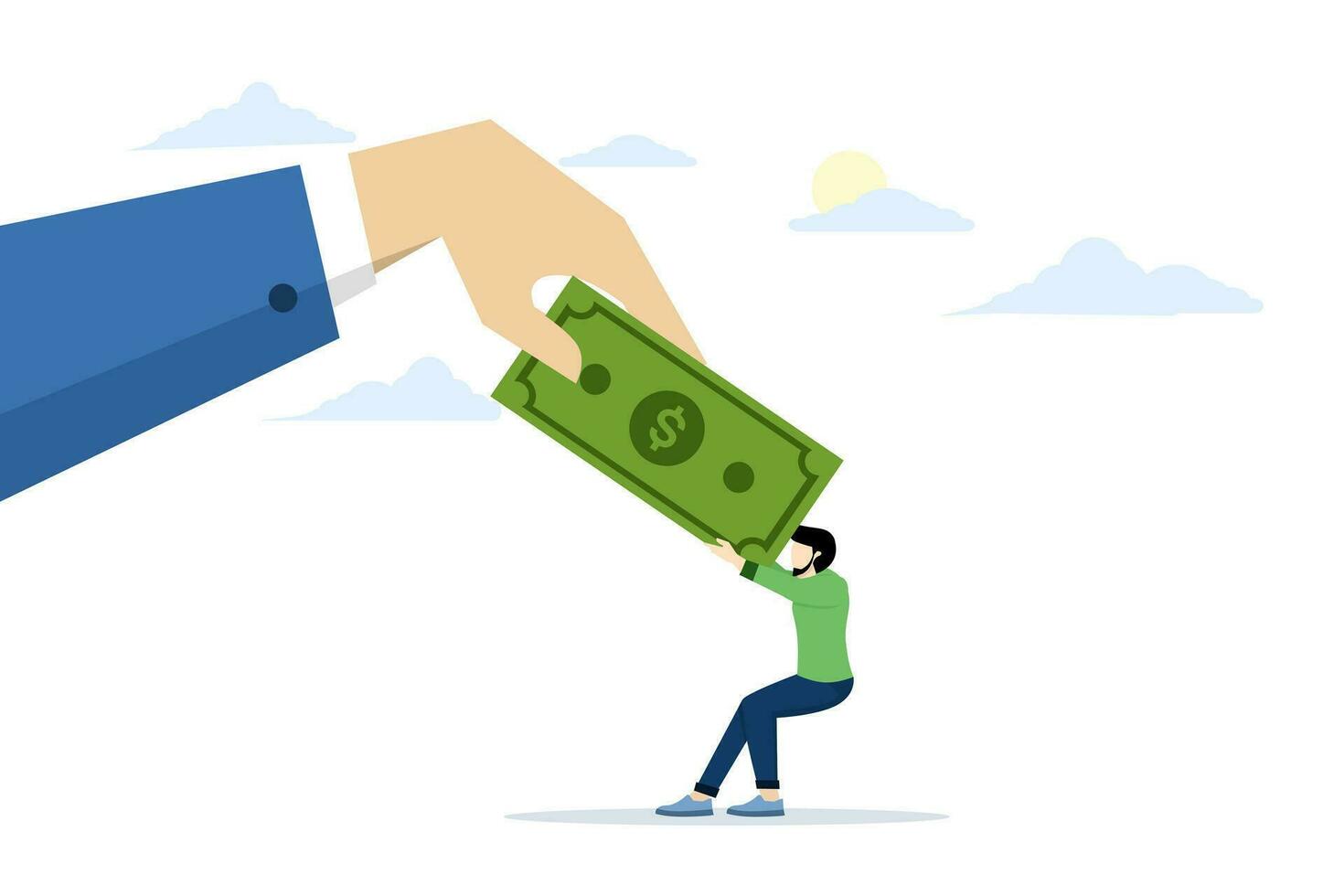 Concept of paying off debts or bills, fighting over money, government asking for tax payments, company revenue market share, financial problems, banknote tug-of-war with small businessmen. vector