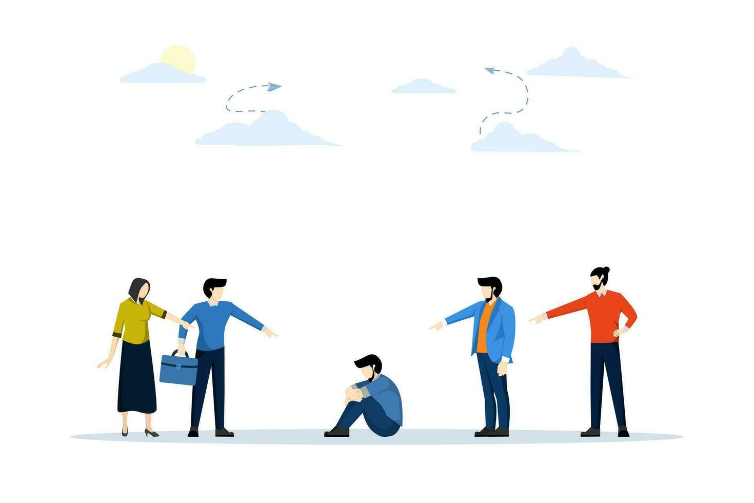 bullying issues, a man sitting on the floor surrounded by people booing him. treat badly, racist, bad company culture, toxic coworkers, flat vector illustration on a white background.