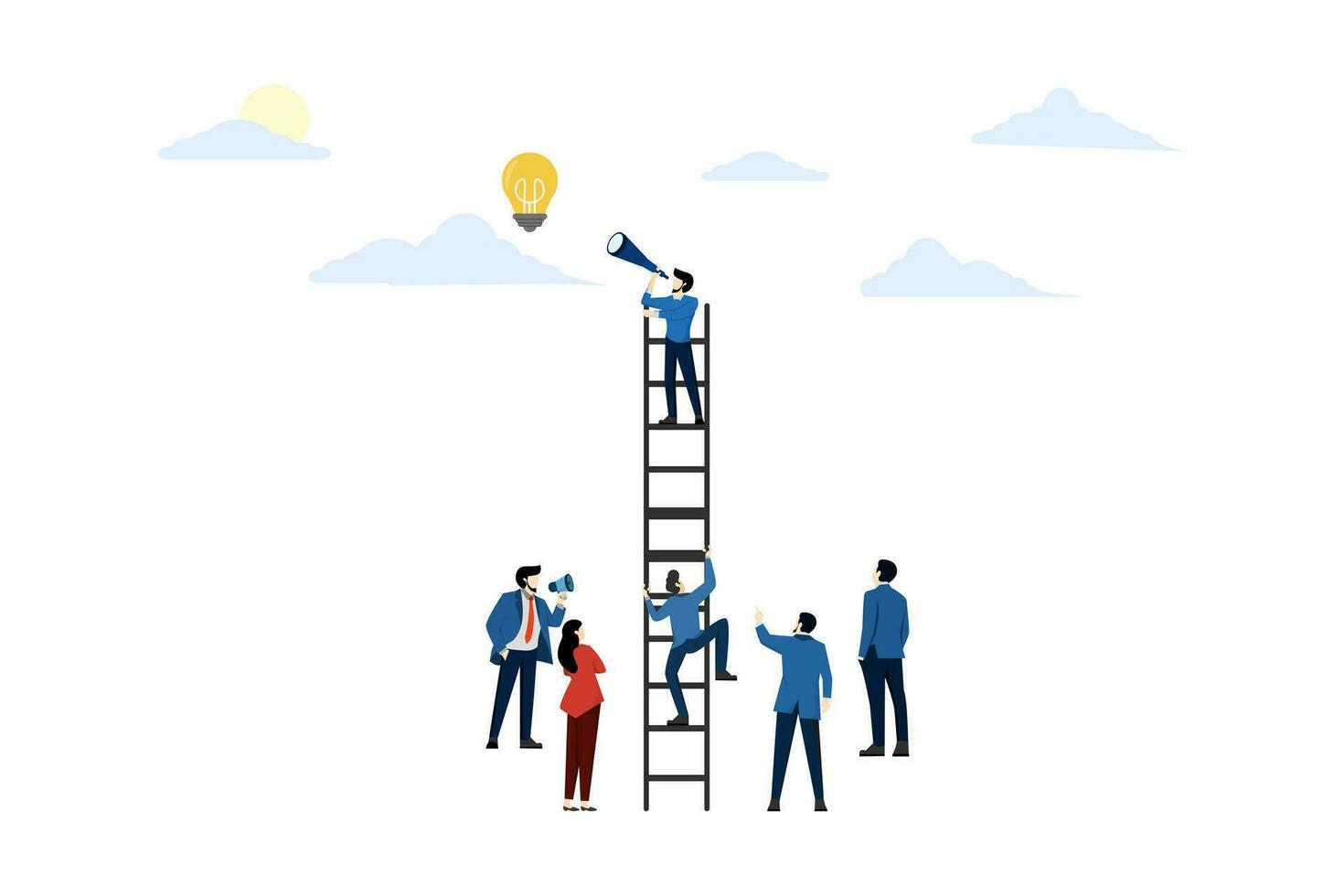 climbing the ideal ladder, a man climbs the ladder to achieve the goal, the path to success is motivation, career advancement, search for ideas, flat vector illustration on a white background.