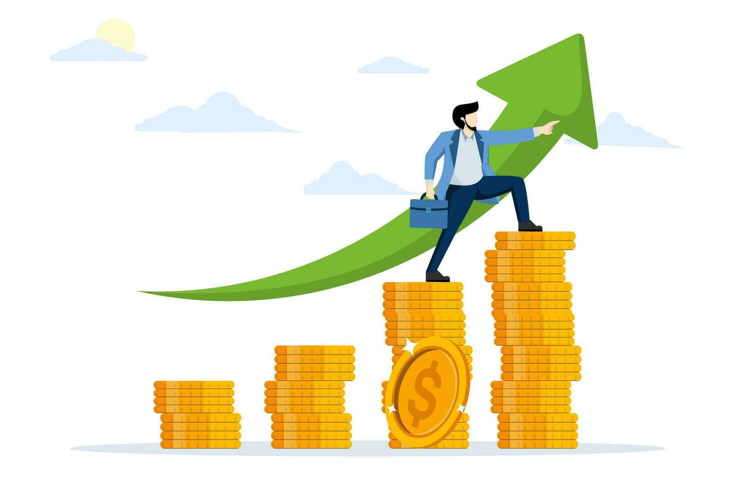 Business growth concept. growing arrows, Profit growth and financial success. Businessman standing on growing coins. financial growth. Flat vector illustration on a white background.