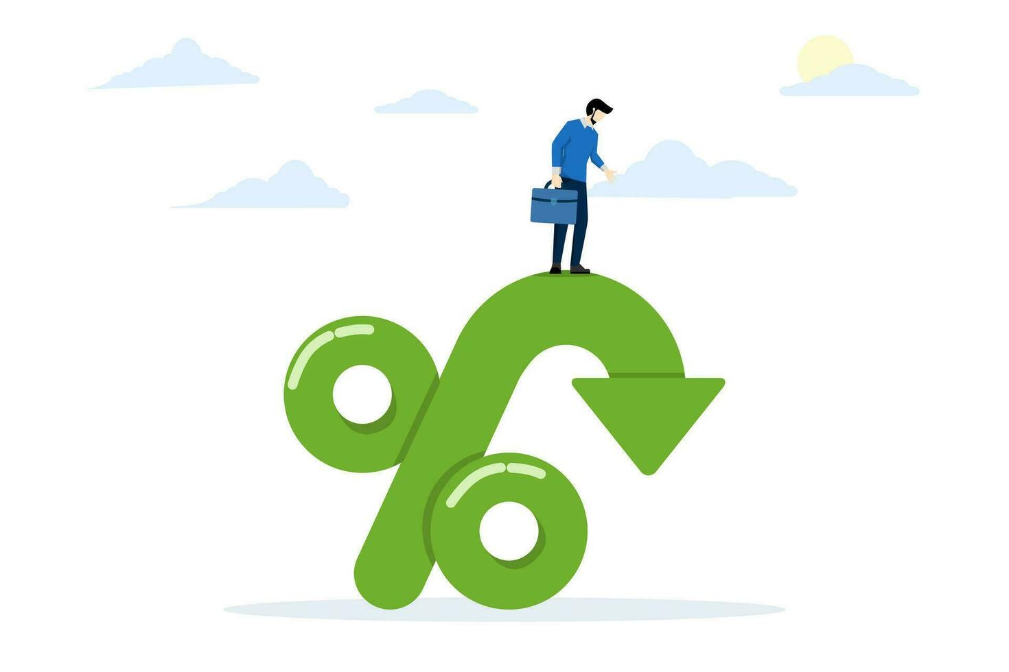 Inflation or interest rates fall, profits fall in economic recession, stock market value loss, reduction or reduction, FED lowers interest rates, entrepreneurs on percentage marks with falls. vector
