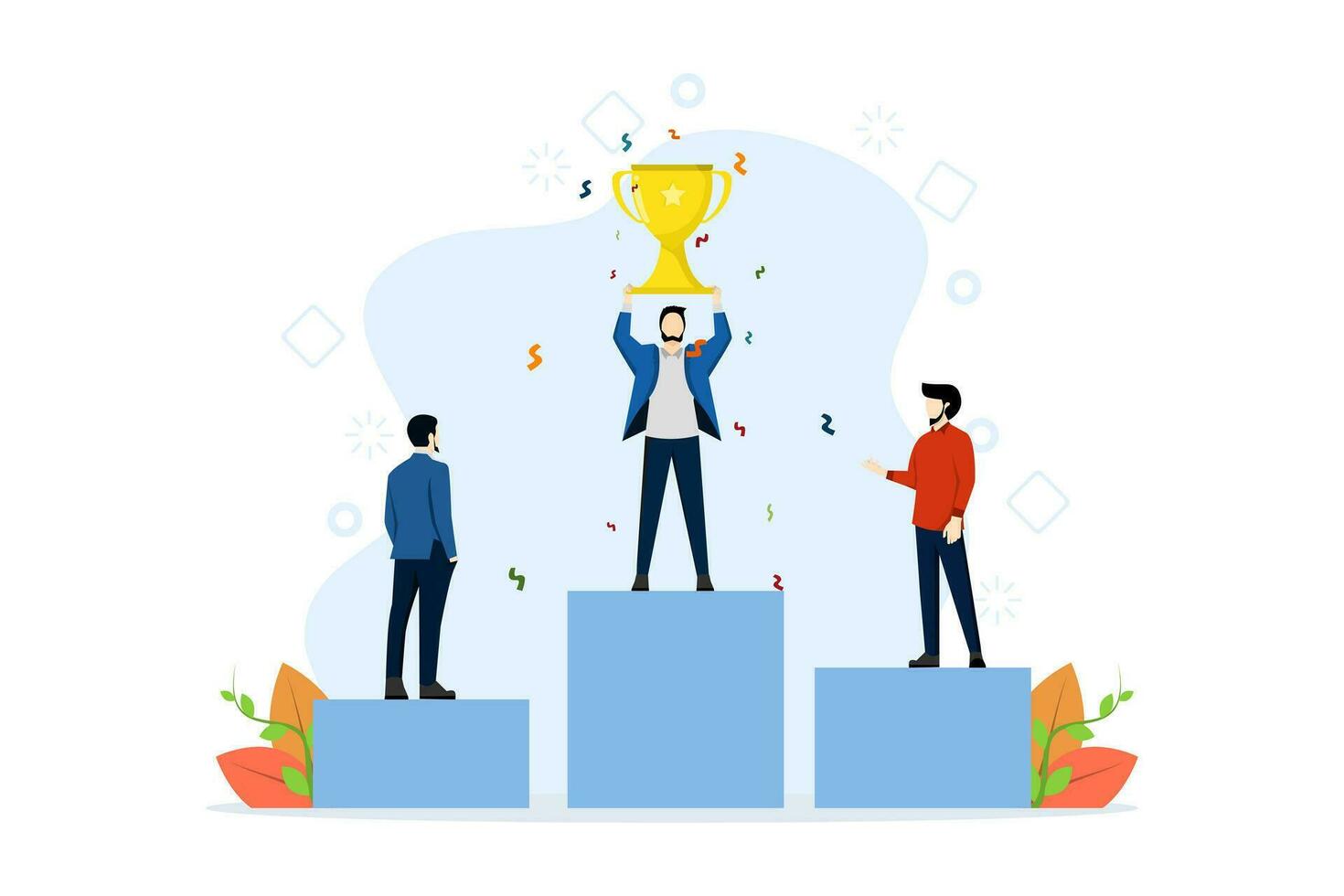 concept of winning in business. businessmen standing on the podium in first, second and third places. winners get prizes for the best results vector, flat vector illustration on a white background.