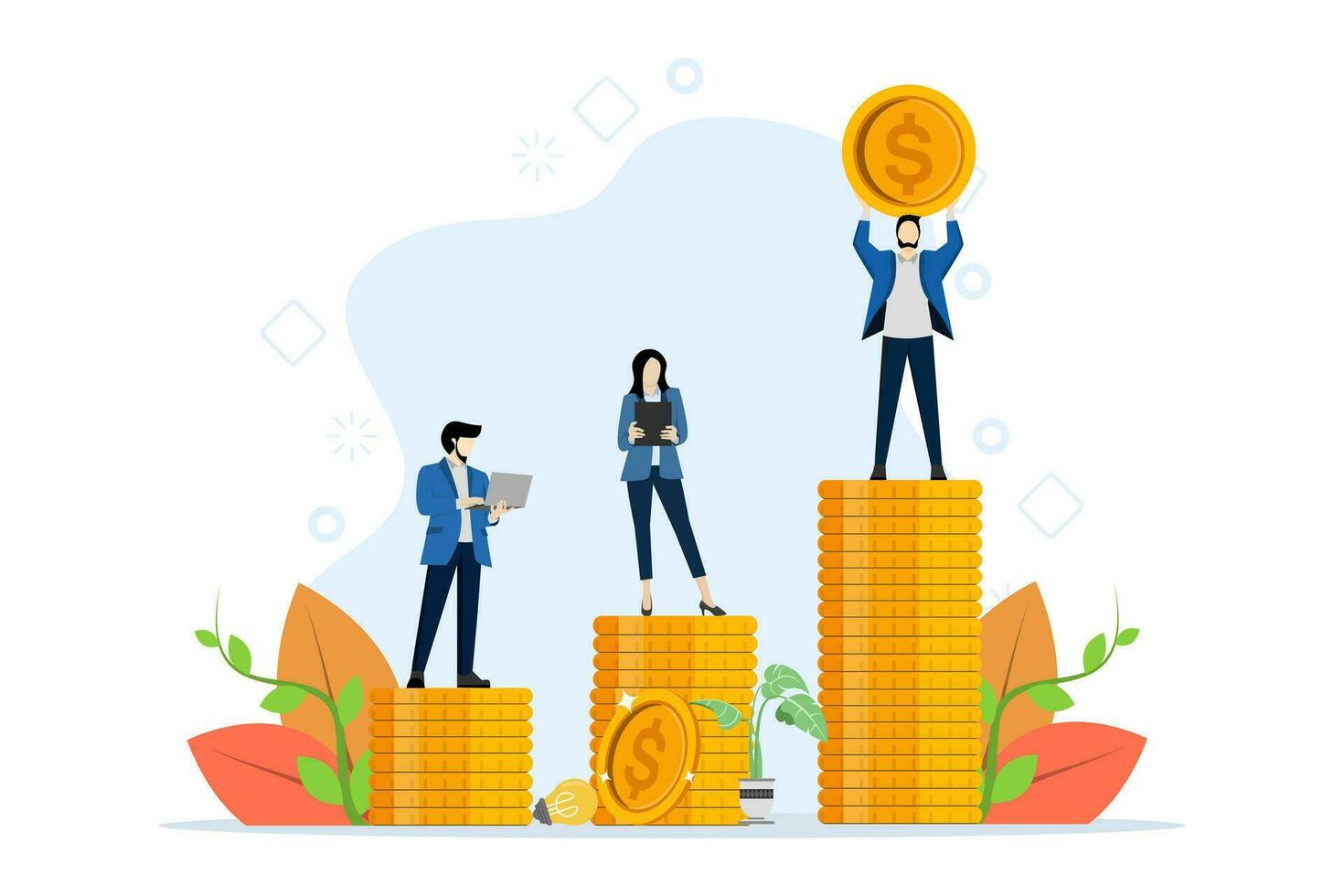 the concept of unequal payments. Differences in income, financial rights, corporate injustice, gender gap and salary inequality. people standing on piles of coins representing wage rates. vector. vector