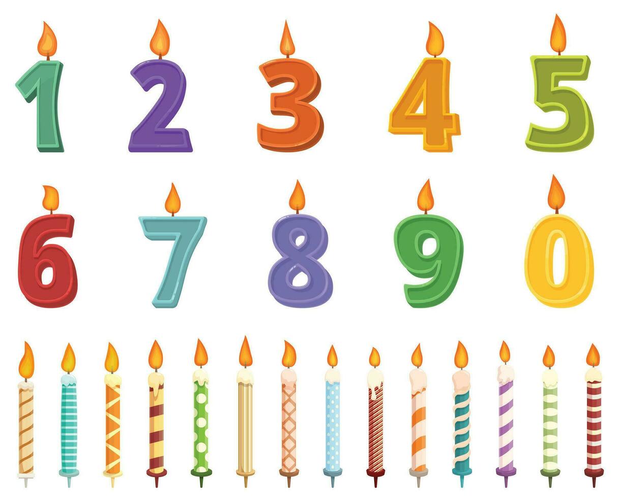 Birthday candles icons set cartoon vector. Year number vector