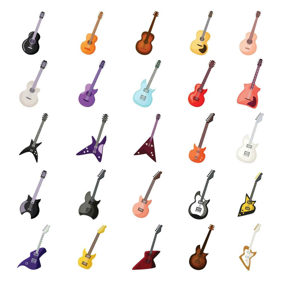 guitarra íconos conjunto dibujos animados vector. rock música vector