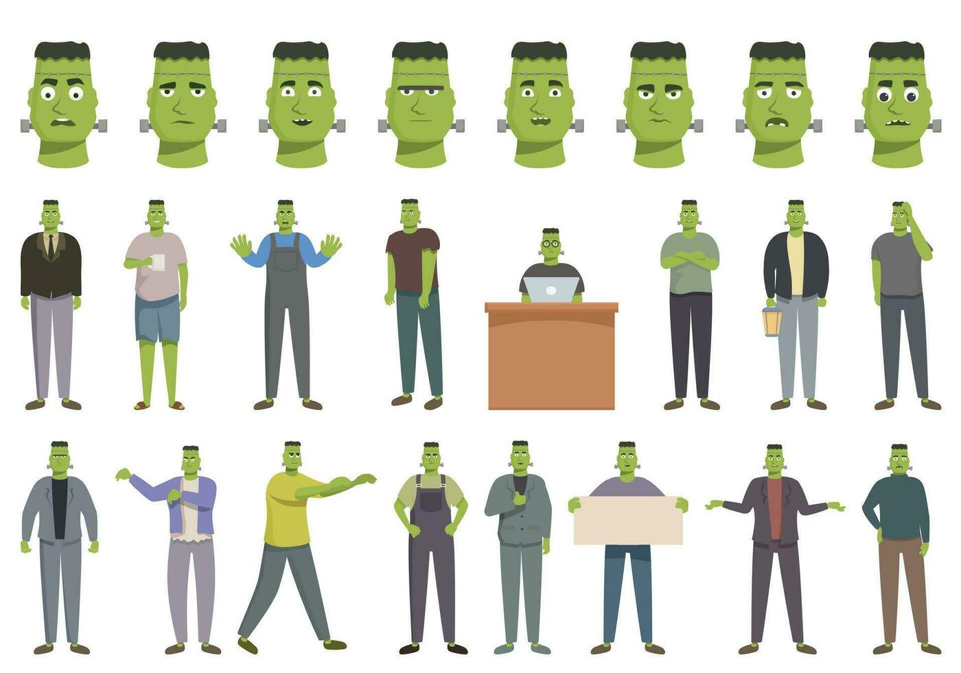 frankenstein íconos conjunto dibujos animados vector. cara monstruo vector