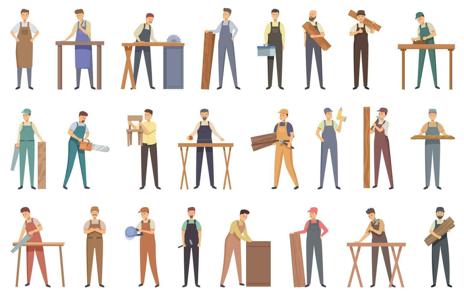 Joiner icons set cartoon vector. Carpenter wood vector