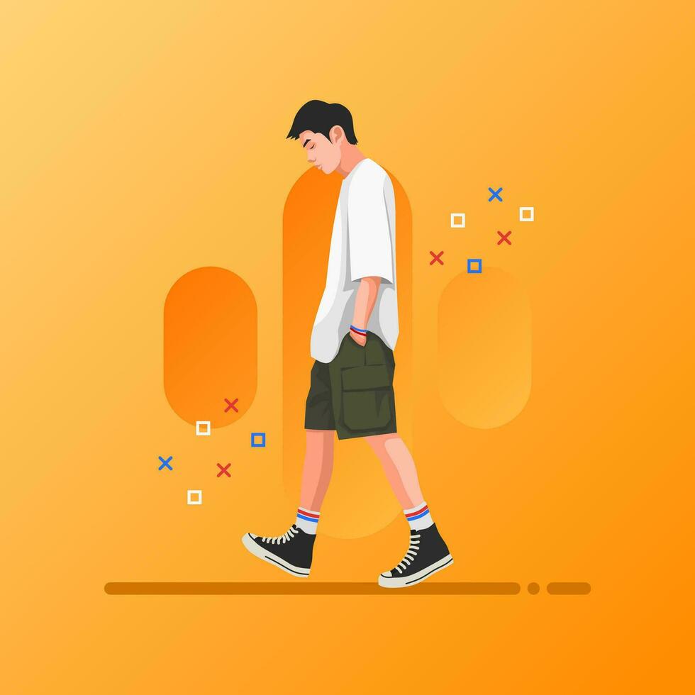 Street fashion vector flat design illustration. Street style outfit standing and walking. Cartoon male character isolated on gradations background.