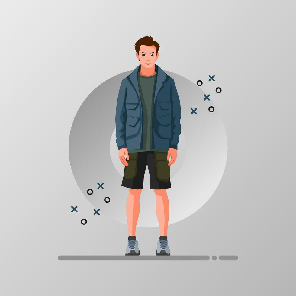 Street fashion man character vector flat design illustration. Street style outfit standing and walking. Cartoon male character isolated on gradations background.
