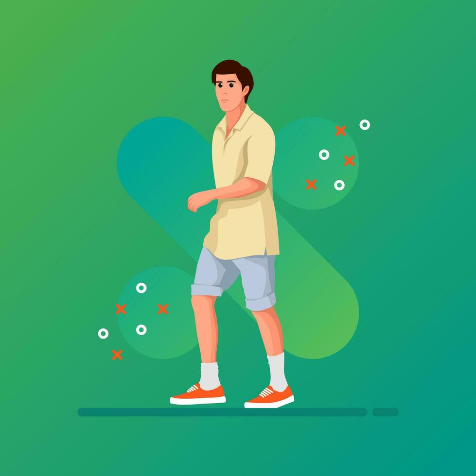Street fashion vector flat design illustration. Street style outfit standing and walking. Cartoon male character isolated on gradations background.