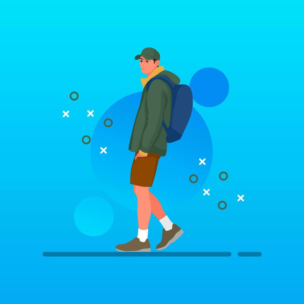 Street fashion man character vector flat design illustration. Street style outfit standing and walking. Cartoon male character isolated on gradations background.