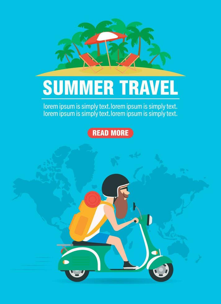 Summer travel. Hipster traveler on a scooter flat design vector