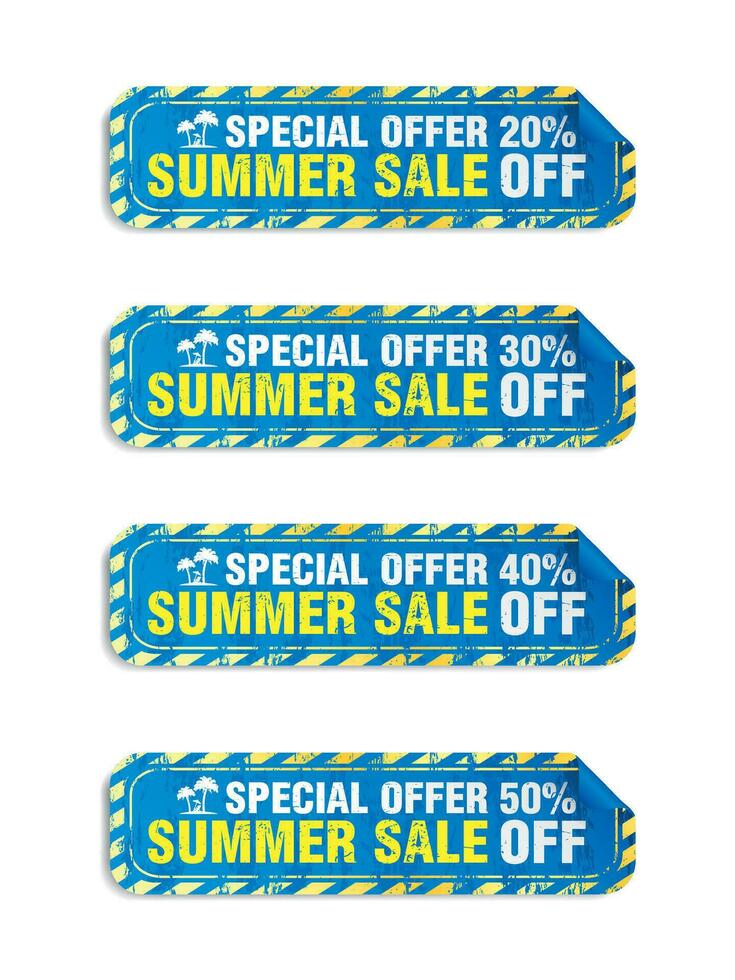 Special offer summer sale blue stickers set in grunge design style vector. Sale 20, 30, 40, 50 off vector