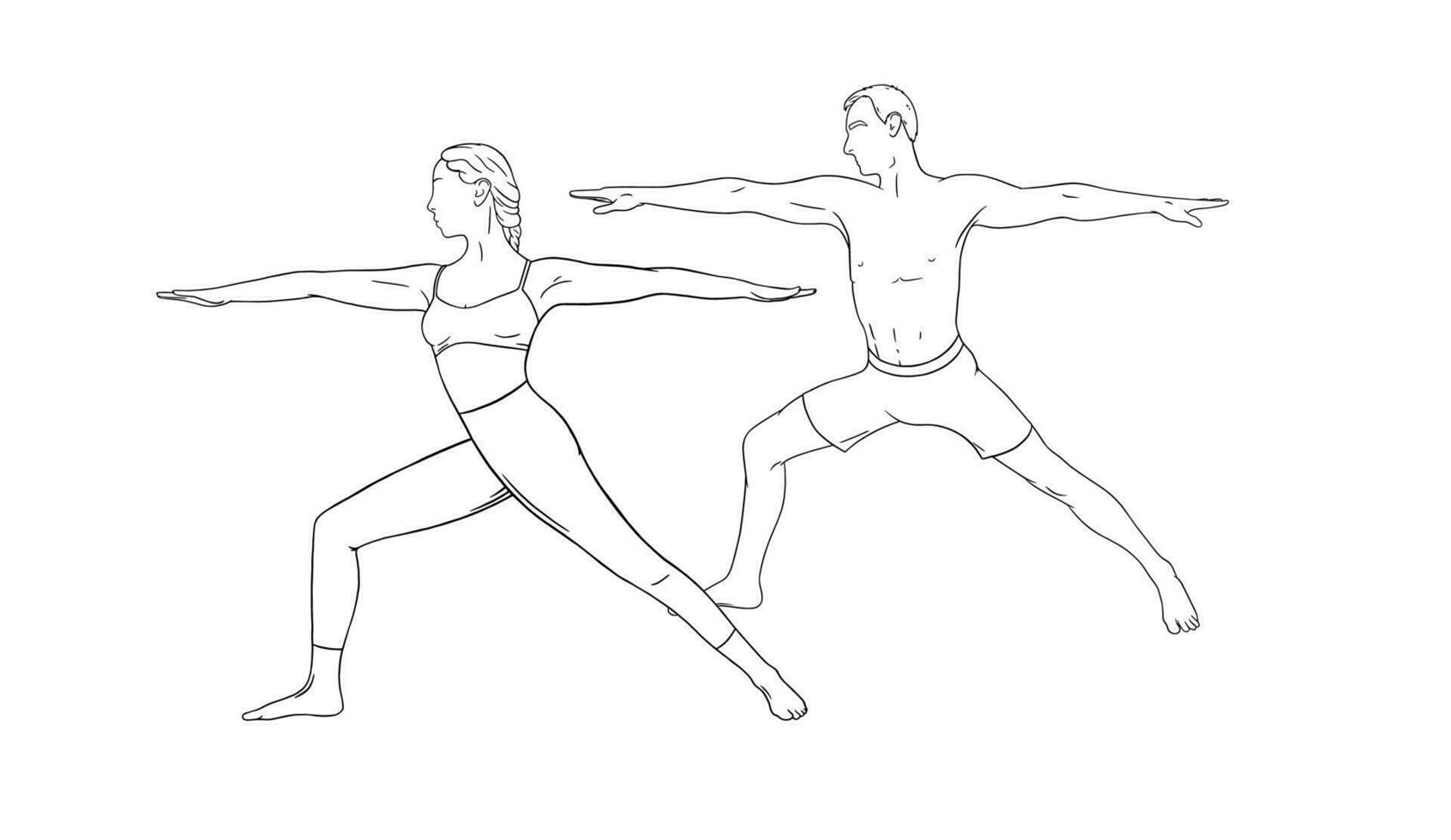 yoga guerrero asana o virabhadrasana i. mujer y hombre Pareja practicando yoga asanas mano dibujado vector ilustración
