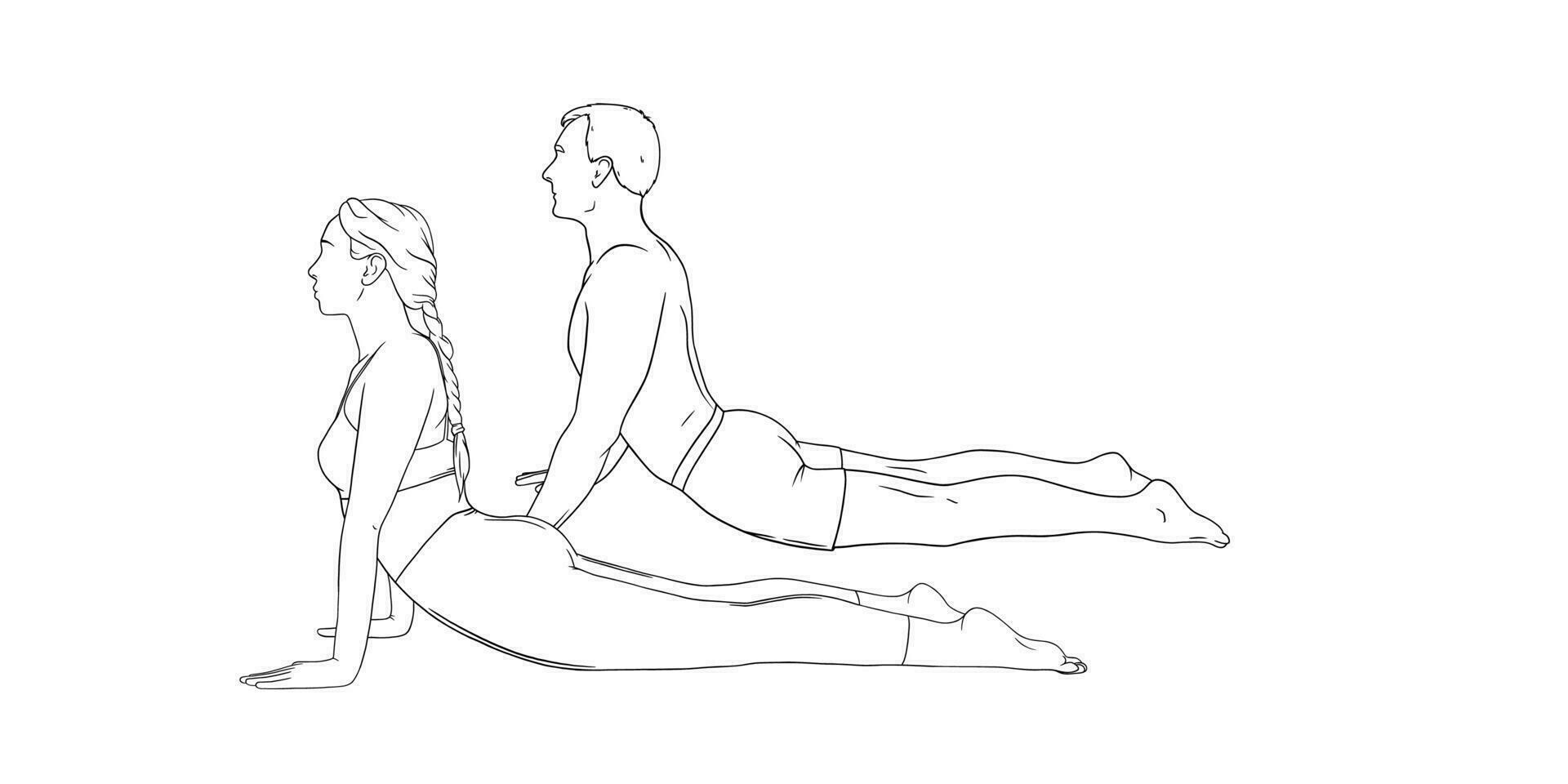 Yoga cobra pose or bhujangasana. Woman and man practicing strengthing yoga pose. Hand drawn vector illustration