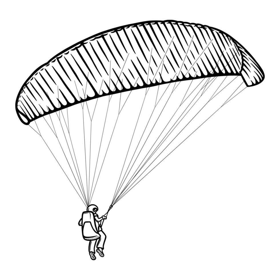 parapente hombre bosquejo. parapente ala y aprovechar para cielo vuelos monocromo mano dibujado vector ilustración