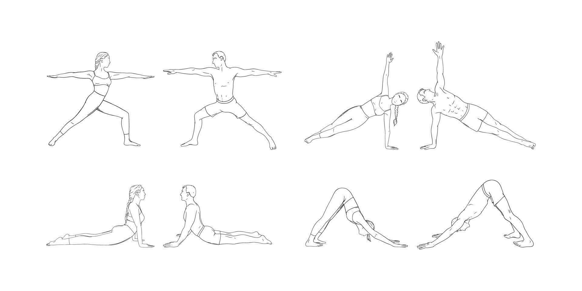 yogui Pareja en guerrero, perro, cobra y lado tablón. mujer y hombre practicando fortalecimiento yoga posa mano dibujado vector ilustración