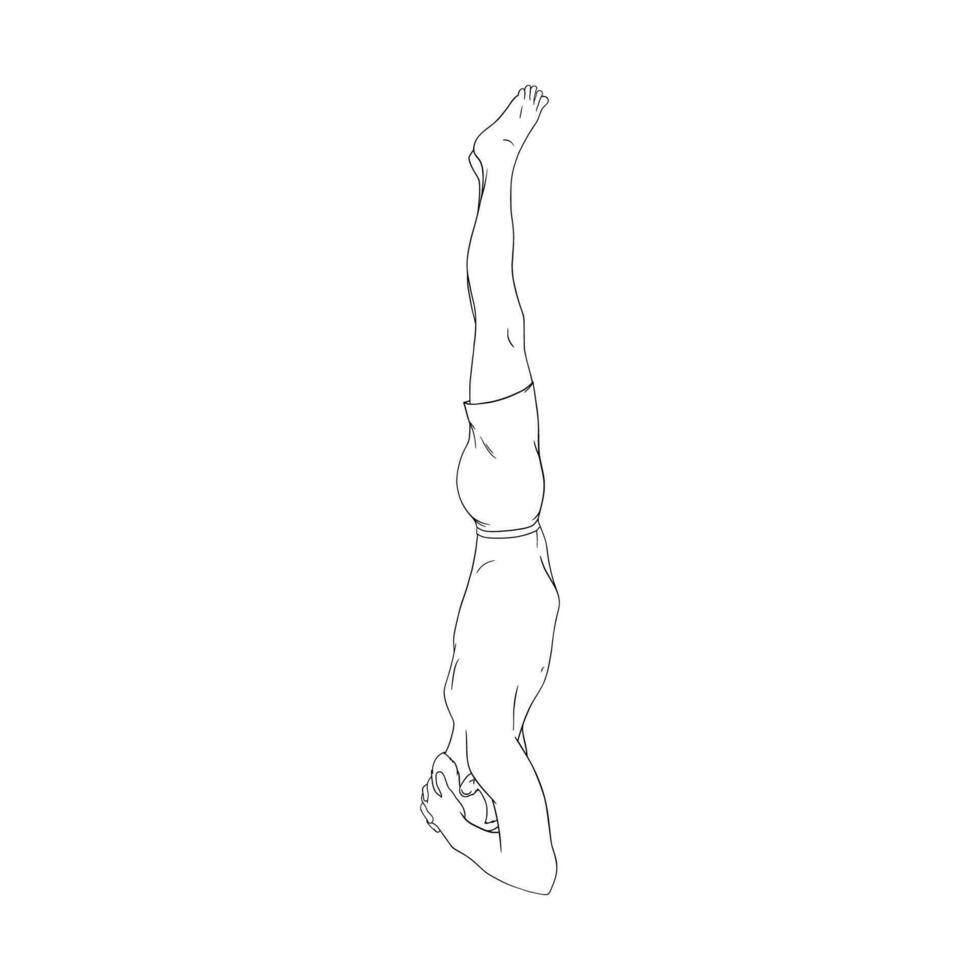 Yogi man in headstand or Shirshasana. Yoga hand stand for strength improvement. Sketch vector illustration