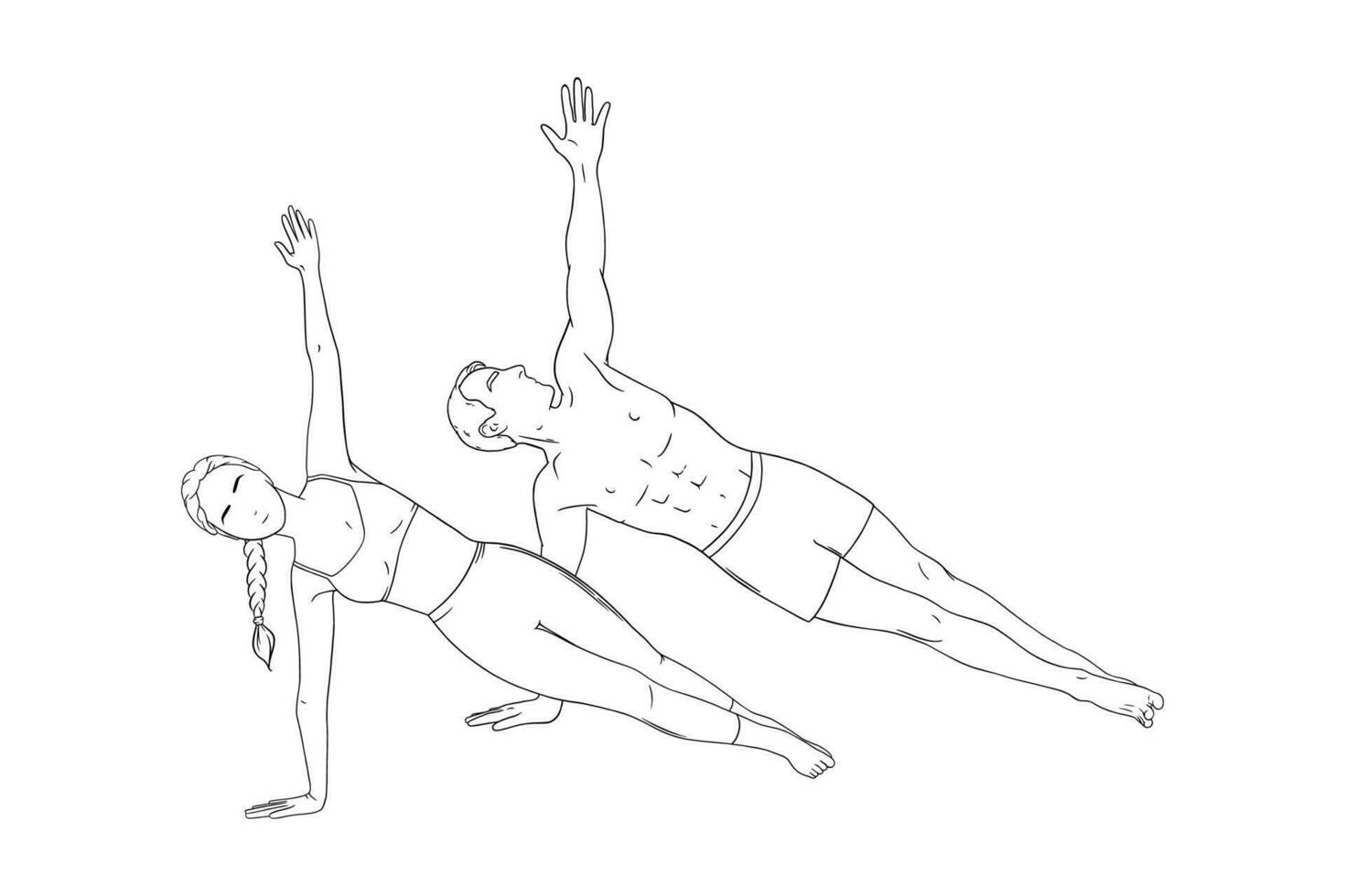 Woman and man in side plank pose. Yogi couple in vasisthasana isolated in white background. Sketch vector illustration