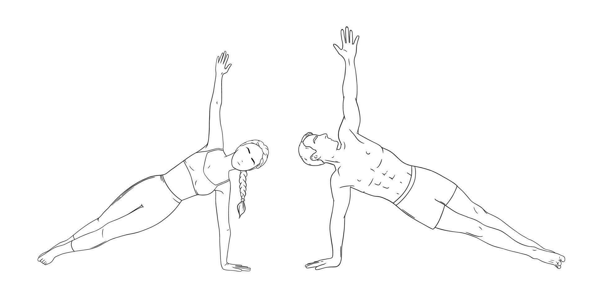 Woman and man in side plank pose. Yogi couple in vasisthasana isolated in white background. Sketch vector illustration