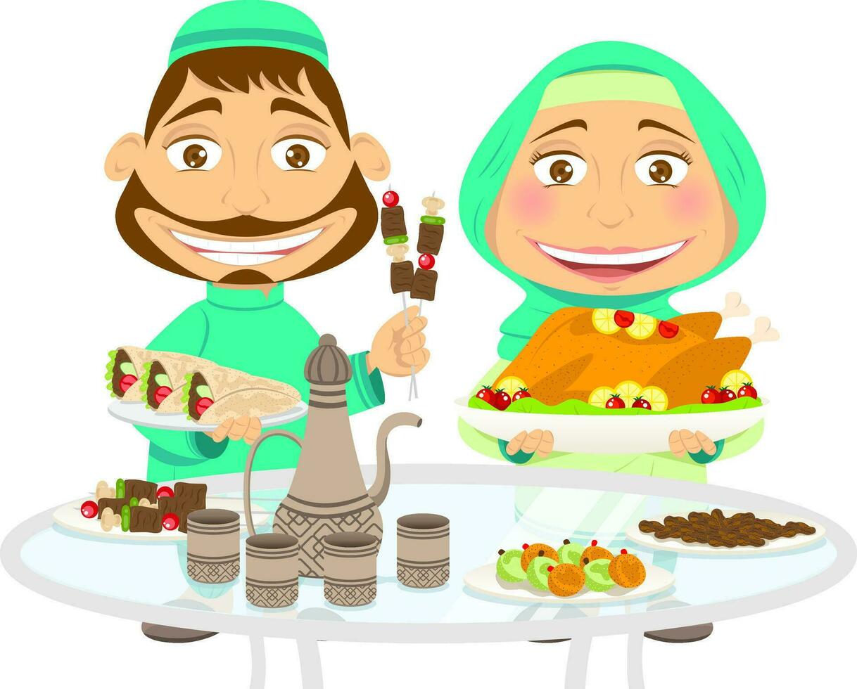 A man and a woman are eating middle east food at a table vector