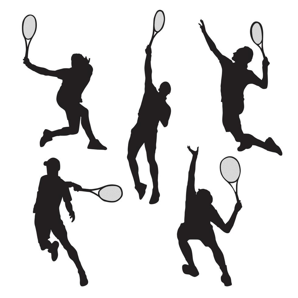 Colección de siluetas de jugadores de tenis masculinos en diferentes poses vector