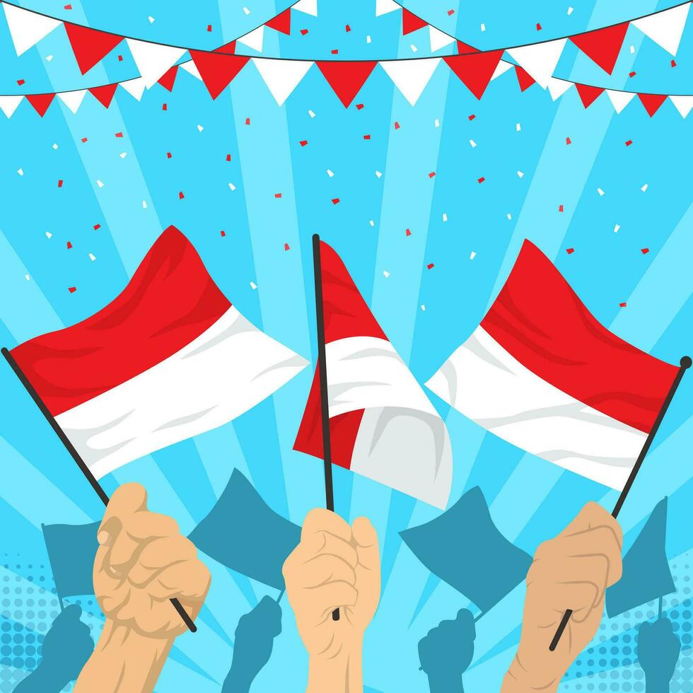hand holding Indonesian flag. suitable for the design of the celebration of the Indonesian national day vector