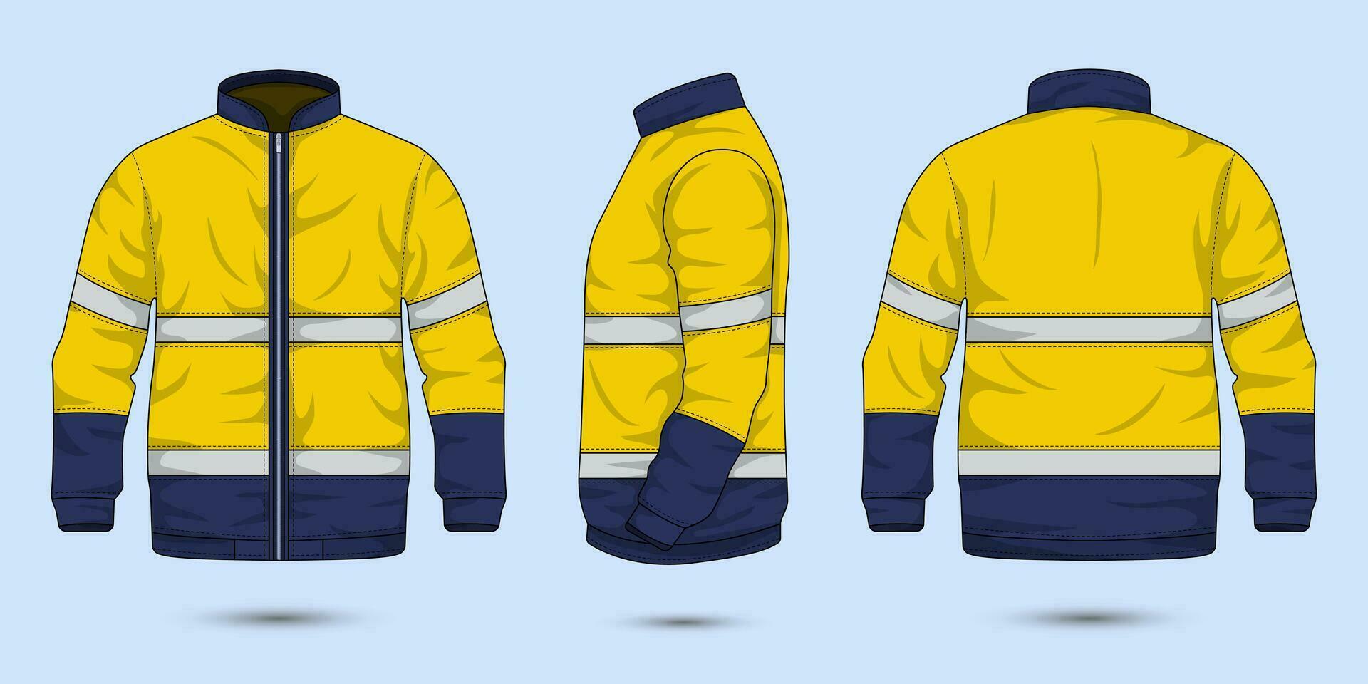 construction worker jacket mockup front, side, and back view. vector illustration