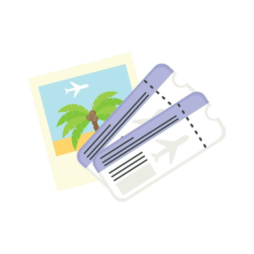 Polaroid photo of a palm tree and an airplane with plane tickets vector