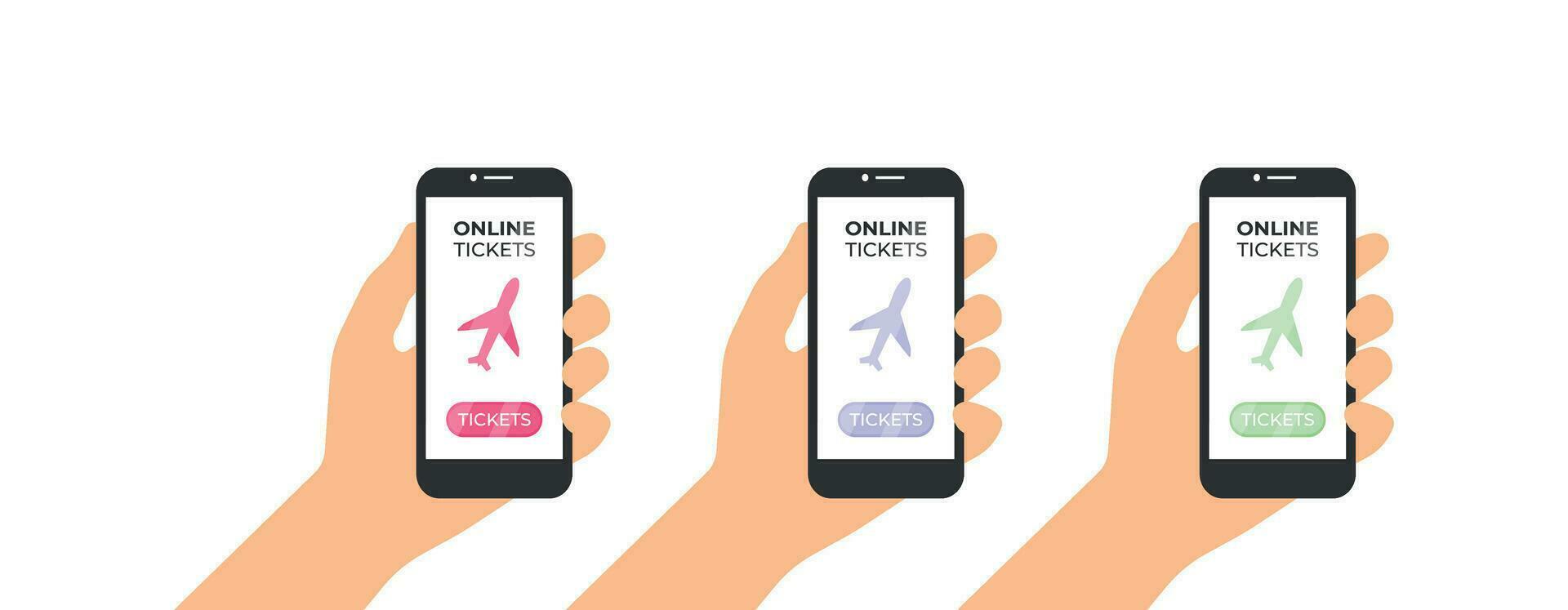 Set of hand holding phone with airplane and tickets button on screen vector