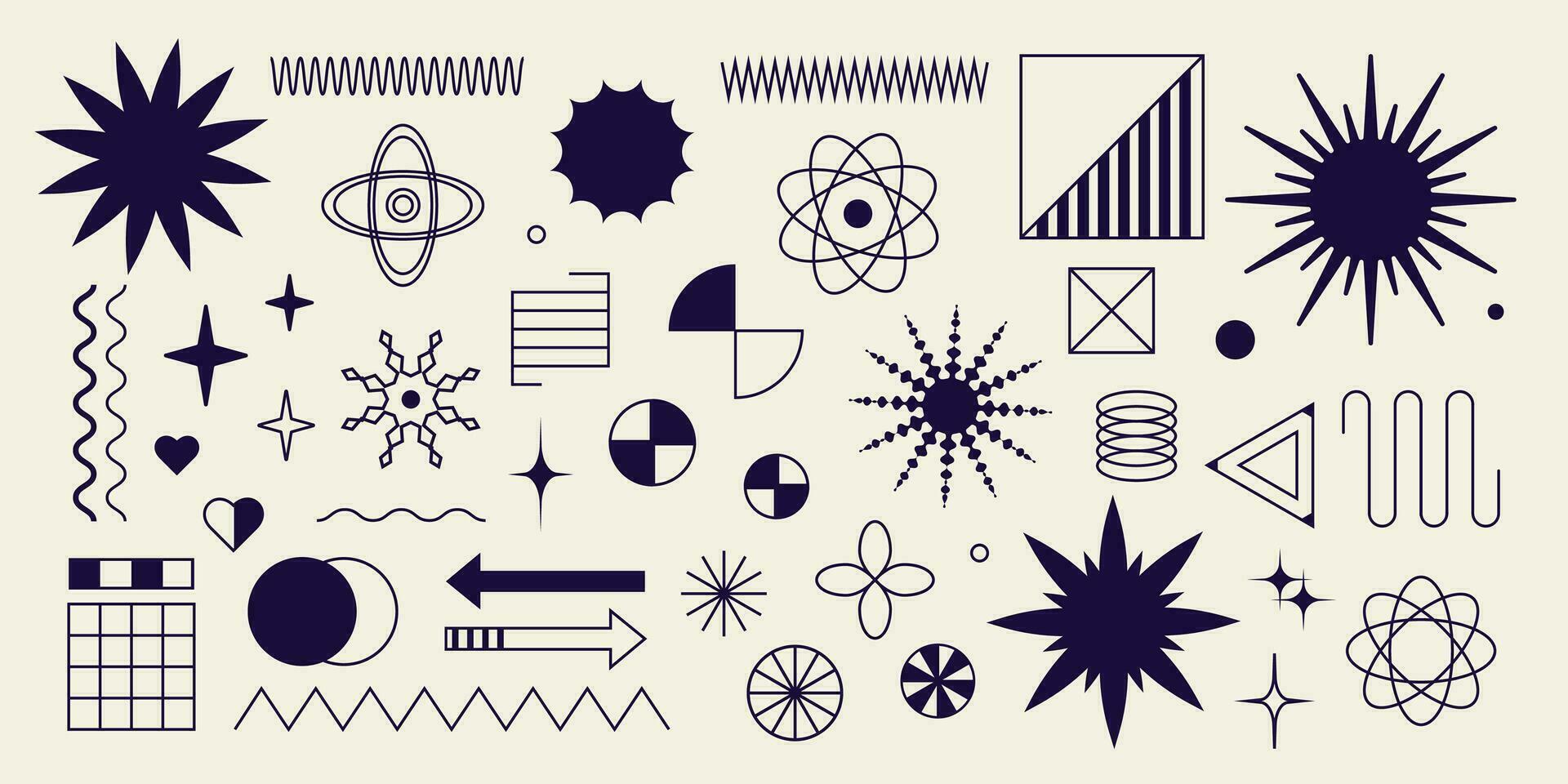 Set of retro geometric shapes, memphis forms, geometric emblems with primitive forms, y2k shapes, brutal design elements. vector