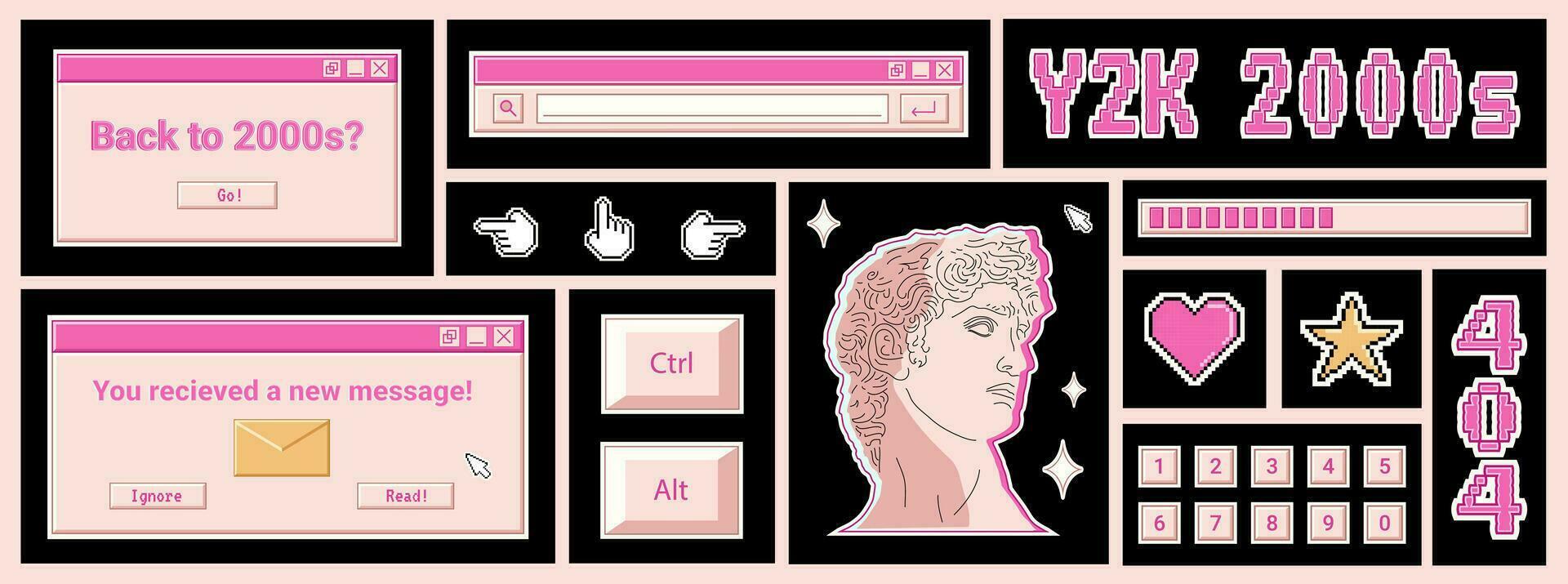 Trendy Y2K banner with retro stickers, computer windows, pixel elements, greek statue, vintage keyboard buttons and numbers. vector