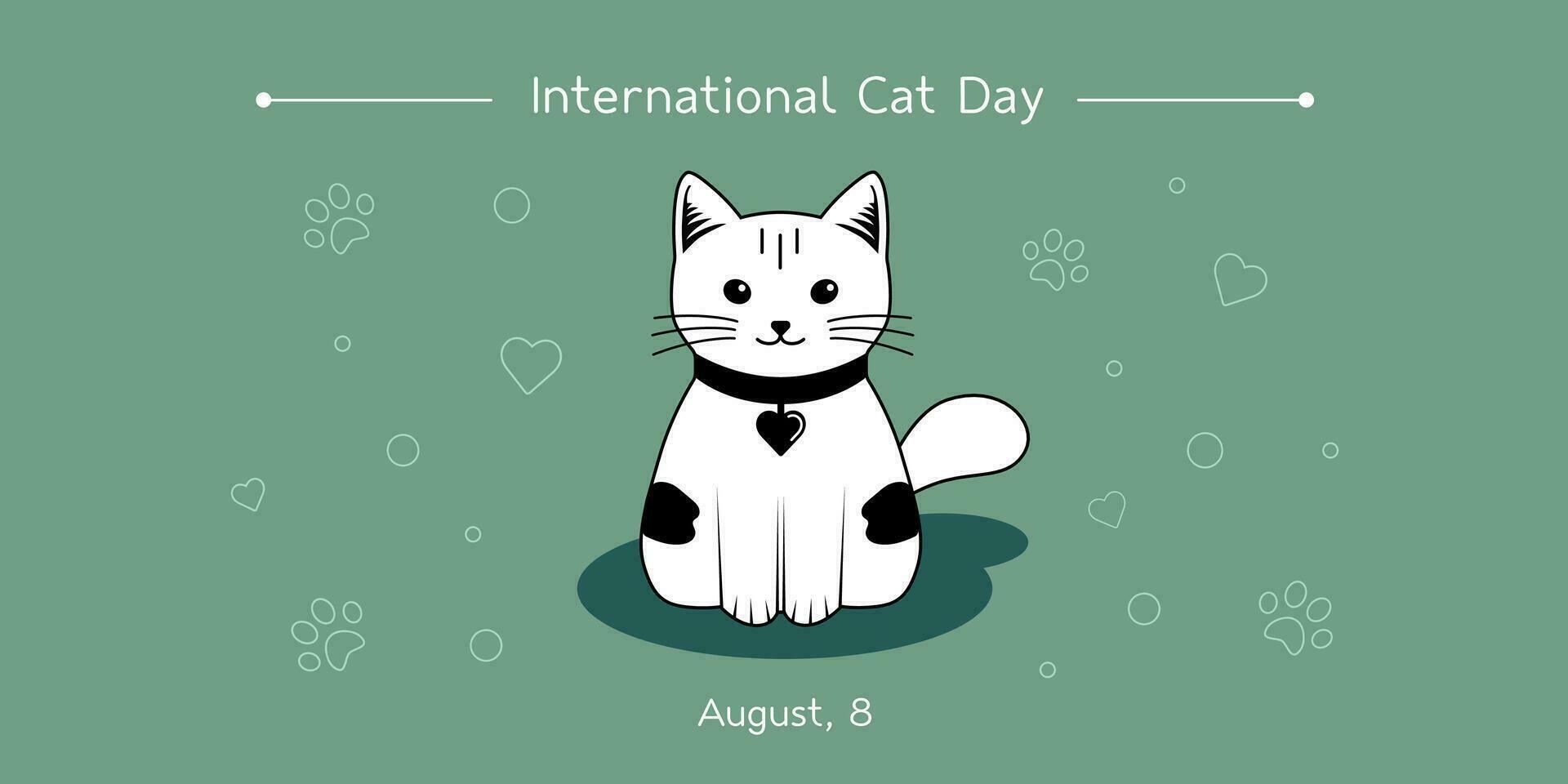 internacional gato día bandera con linda blanco gato en un verde fondo, gato día invitación, celebracion de agosto 8. vector