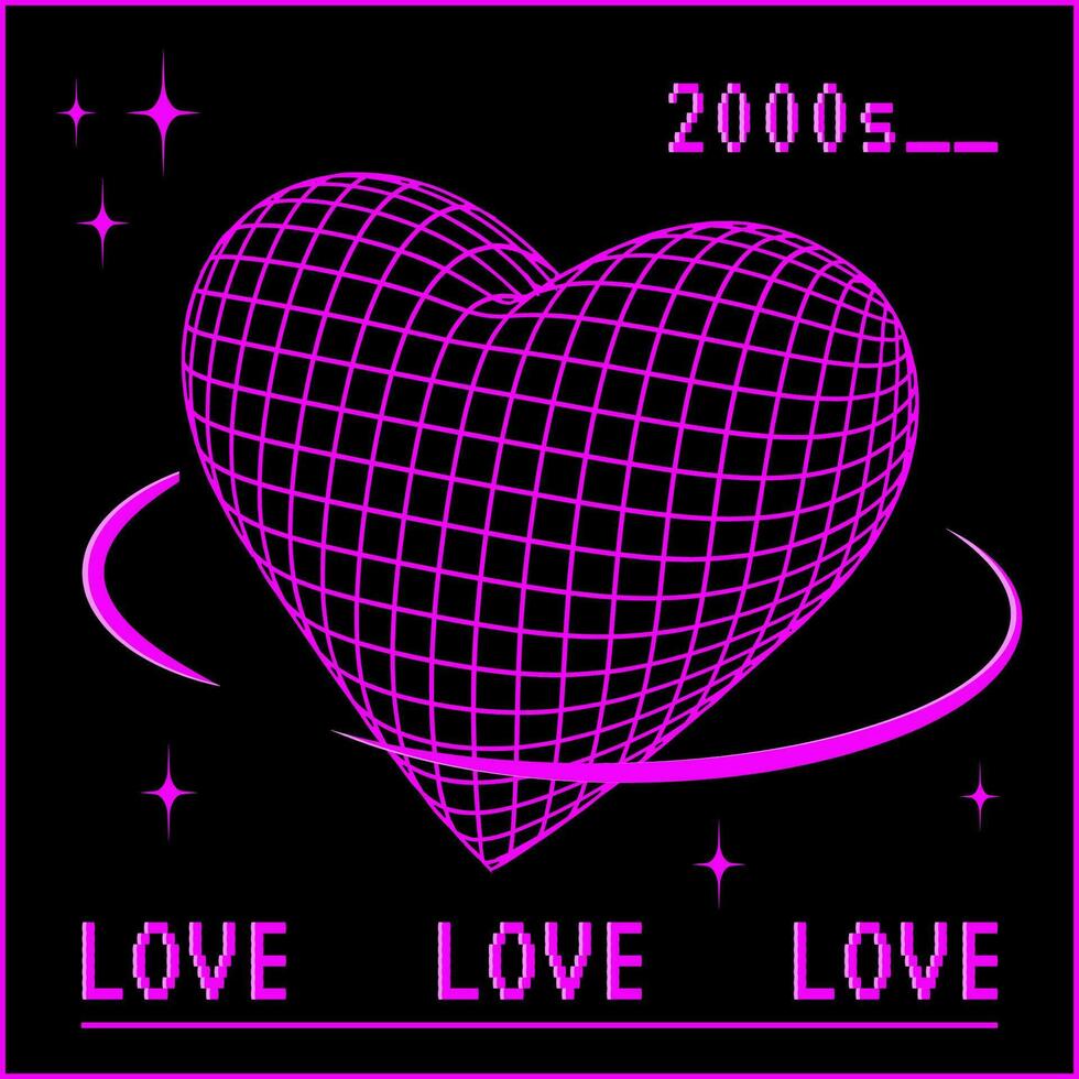 Y2K trendy heart shape, 3d vector geometric figure, dimensional geometric acid form in black frame, love symbol.