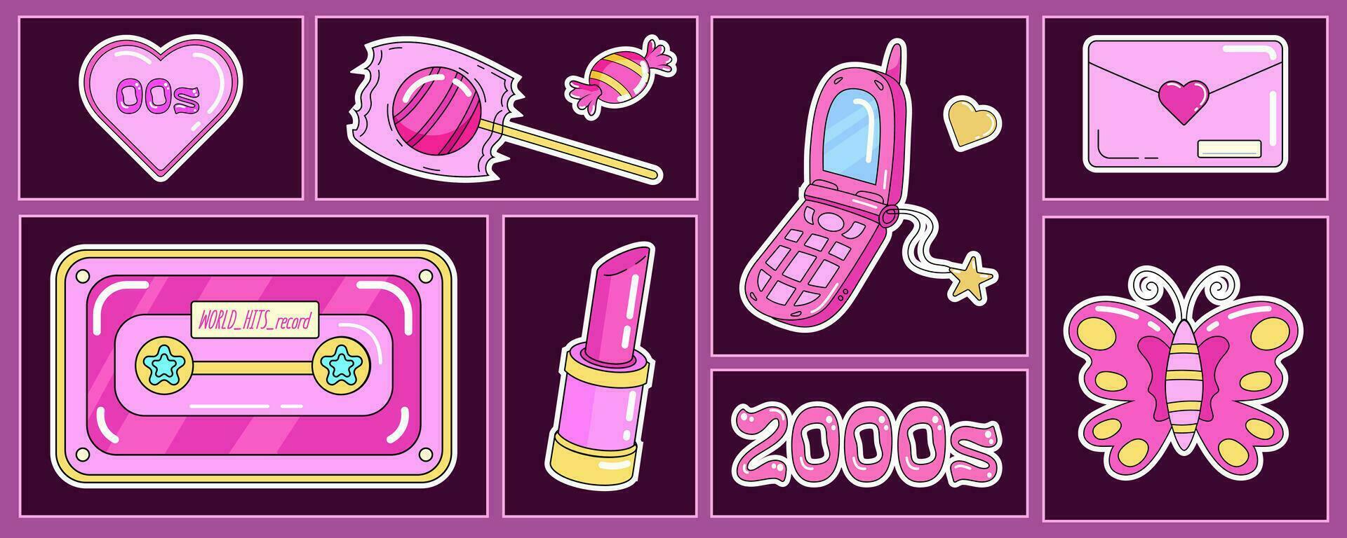 Trendy Y2K group of nostalgic retro objects, 2000s mobile phone, audio cassette, sweet and lollipop, lipstick, hearts and butterfly. vector