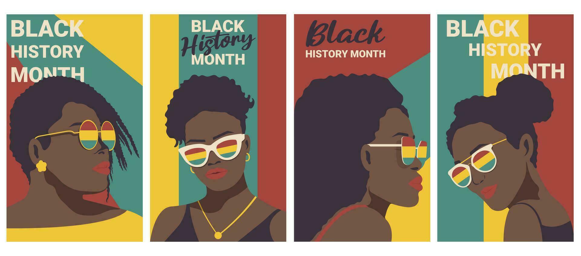 Minimalistic set posters of vector portraits stylish woman with glasses. Black History Month and African American History. Fine Art and Vector art.