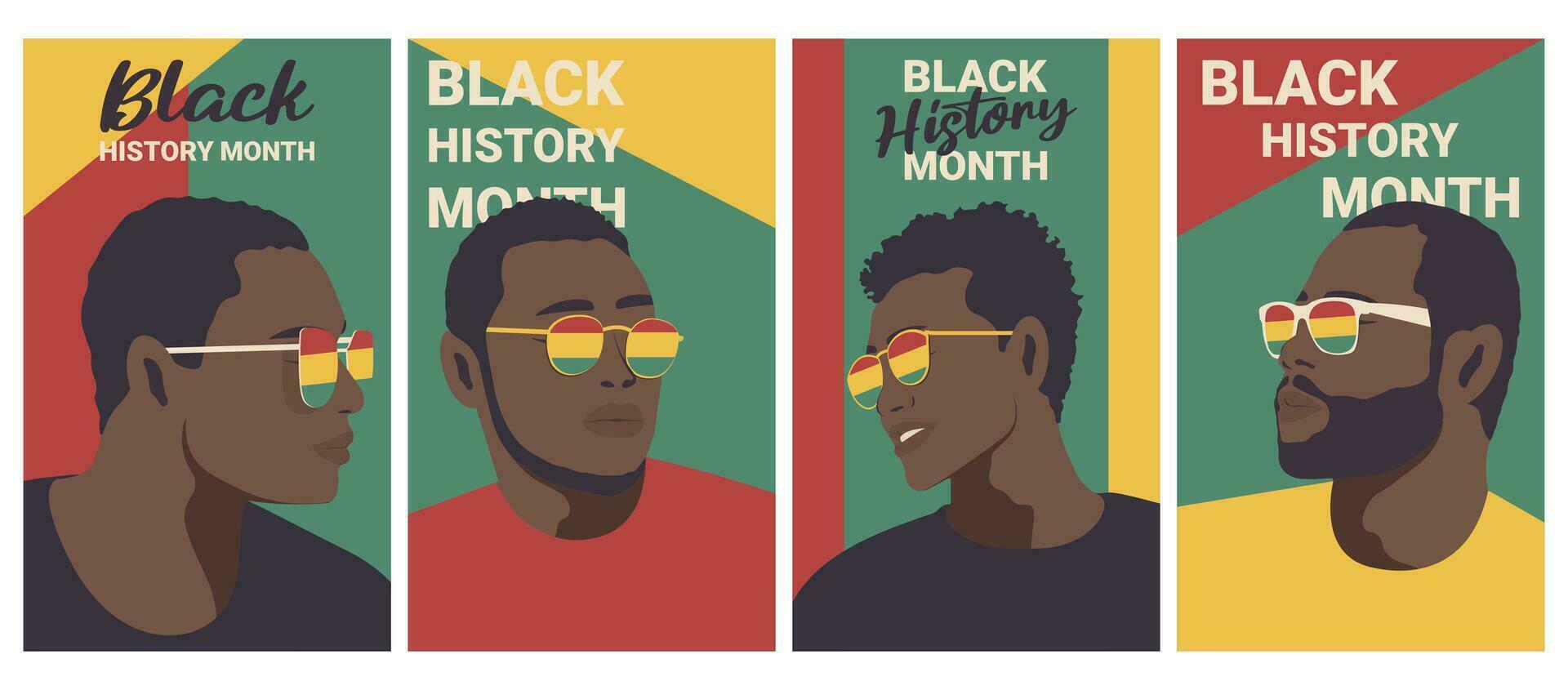 minimalista conjunto carteles de vector retratos hombres con lentes. negro historia mes y africano americano historia.vector ilustración.